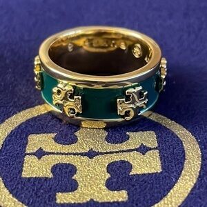 Tory Burch Gold and Teal Green Logo Ring